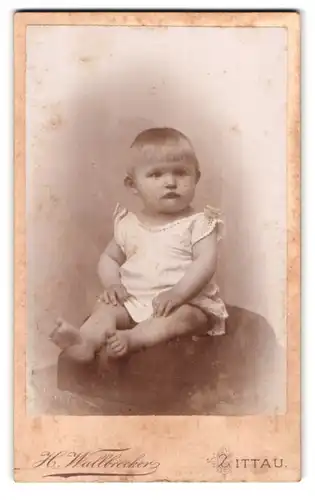 Fotografie H. Wallbrecker, Zittau i / S., Breitestrasse 9, Portrait süsses Kleinkind im weissen Hemd mit nackigen Füssen