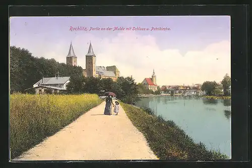 AK Rochlitz, Partie an der Mulde mit Schloss und Petrikirche