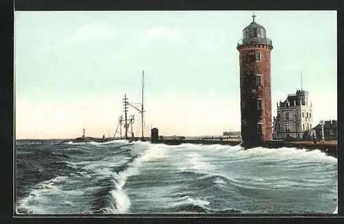 AK Cuxhaven, Semaphor, Leuchtturm u. Telegraphengebäude bei Springflut