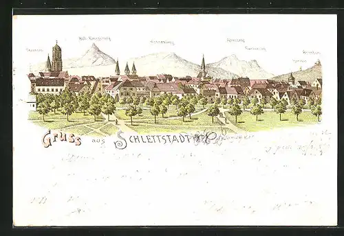 Lithographie Schlettstadt, Ortsansicht gegen Hahnenberg und Hoh-Königsburg