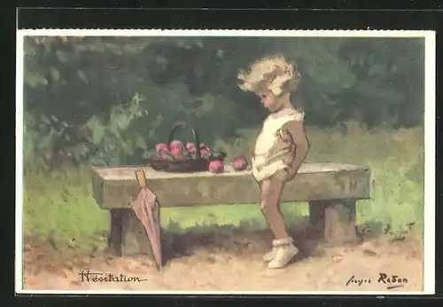 Künstler-AK sign. Redon: Hèsitation, Kinder überlegt sich einen Apfel zu nehmen