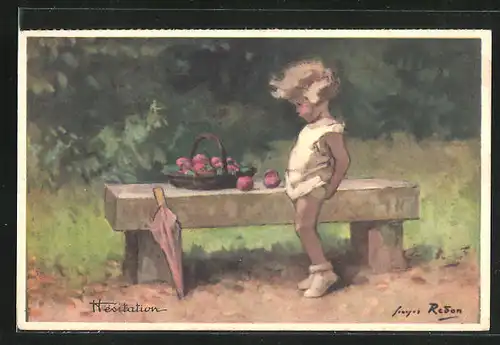 Künstler-AK sign. Redon: Hèsitation, Kinder überlegt sich einen Apfel zu nehmen