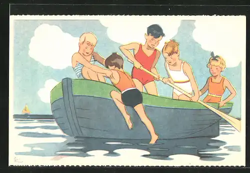 Künstler-AK sign. G. Lang: Kinder im Ruderboot