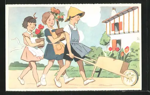 Künstler-AK sign. G. Lang: Mädchen mit Topfpflanzen und Schubkarre