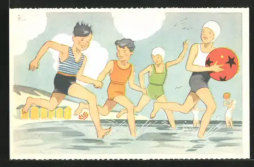 Künstler-AK sign. G. Lang: Kinder beim Baden mit Wasserball