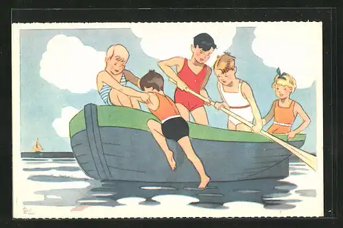Künstler-AK sign. G. Lang: Kinder im Ruderboot