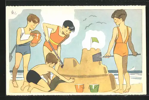 Künstler-AK sign. G. Lang: Kinder bauen eine Sandburg am Strand
