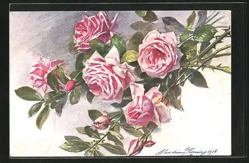 Künstler-AK sign. M. Lemaire: Rosen mit dornigen Stielen