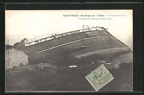 AK Saint-Malo, Naufrage du Hilda 1905, L`Avant du Navire à marée basse, Seenotrettung