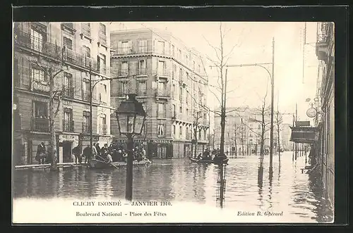 AK Clichy, Inondé 1910, Boulevard National, Place des Fetes, Hochwasser