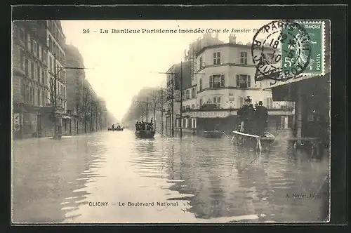 AK Clichy, La Banlieue Parisienne inondée 1910, Le Boulevard National, Hochwasser
