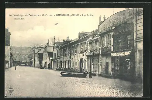 AK Boulogne-s /-Seine, Les Inondations des paris 1910, Rue du Port, Hochwasser