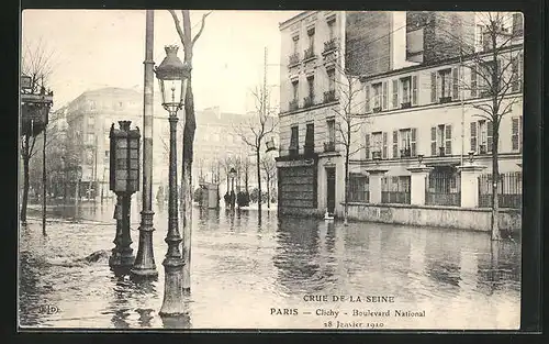 AK Clichy, Crue de la Seine Paris 1910, Boulevard National, Hochwasser