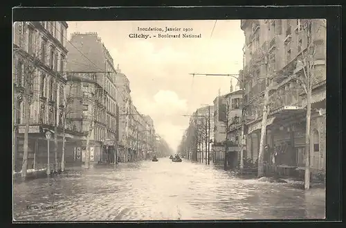 AK Clichy, Inondation 1910, Boulevard National, Hochwasser