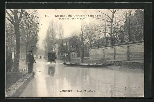 AK Asnières, La Banlieue Parisienne inondée 1910, Quai d`Asnières, Hochwasser