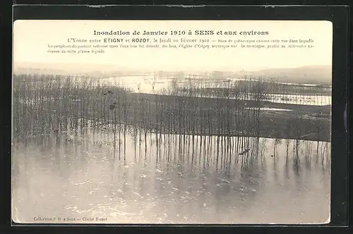 AK Sens, Inondation de 1910, L`Yonne entre Etigny et Rozoy, Hochwasser