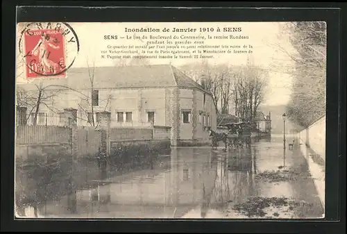AK Sens, Inondation des 1910, Le bas du Boulevard du Centenaire, Hochwasser