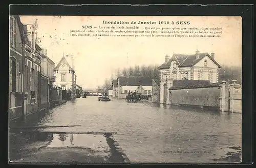 AK Sens, Inondation des 1910, La Rue de Paris inondée, Hochwasser