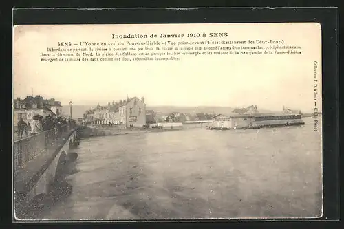 AK Sens, Inondation des 1910, L`Yonne en aval du Pont-au-Diable, Hochwasser