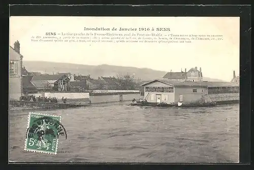 AK Sens, Inondation des 1910, La rive gauch de la Fausse-Rivière en aval du Pont-au-Diable, Hochwasser