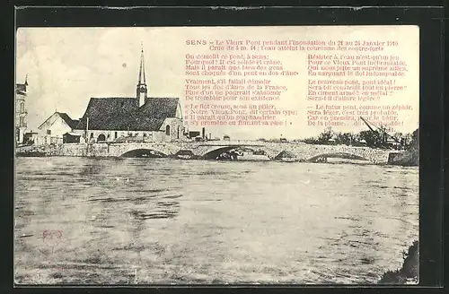 AK Sens, Le Vieux Pont pendant l`Inondation des 1910, Hochwasser