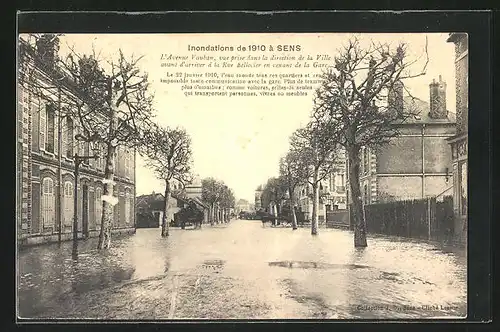 AK Sens, Inondations de 1910, L`Avenue Vauban, Hochwasser