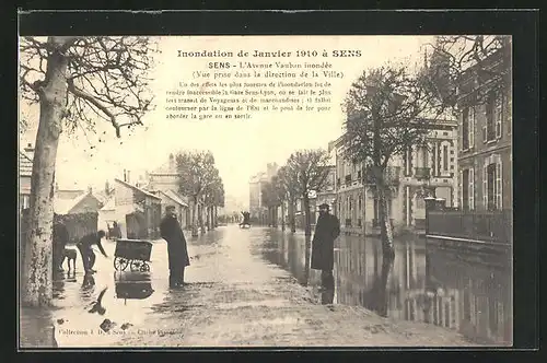 AK Sens, Inondation des 1910, L`Avenue Vauban inondée, Hochwasser