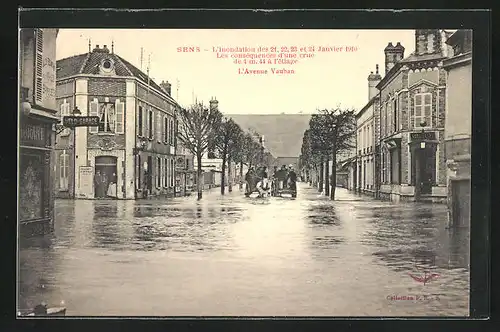 AK Sens, Inondation des 1910, L`Avenue Vauban, Hochwasser