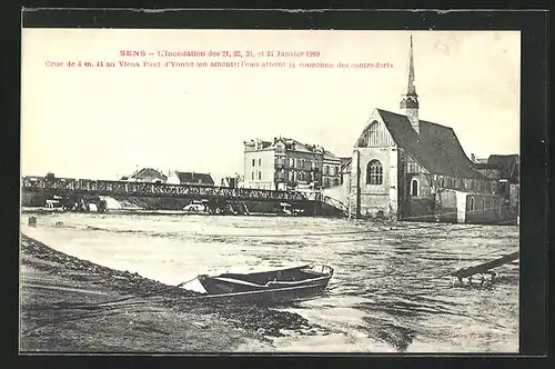 AK Sens, Inondation des 1910, Vieux Pont d`Yonne, Hochwasser
