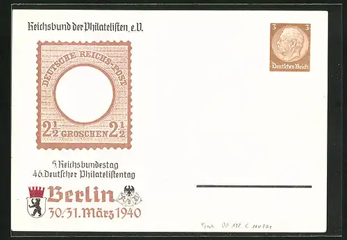 Präge-AK Berlin, 46. Deutscher Philatelistentag 1940, Ganzsache