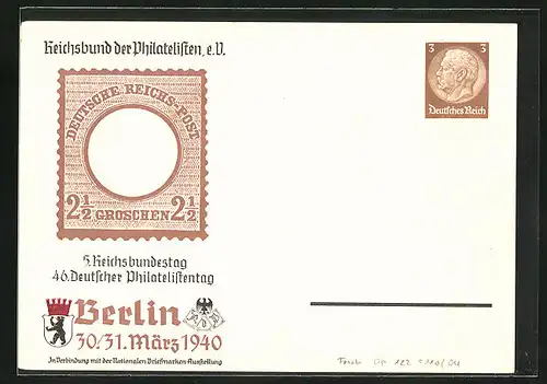 Präge-AK Berlin, 46. Deutscher Philatelistentag 1940, Ganzsache