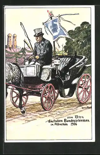 Künstler-AK Ganzsache Bayern PP15C92 /02: München, 15. Deutsches Bundesschiessen 1906, Kutscher mit Fahne