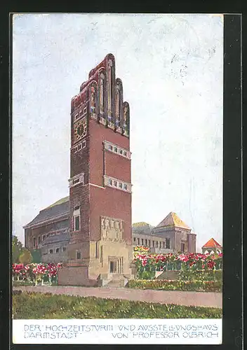 Künstler-AK Darmstadt, Hessische Landesausstellung 1908, Der Hochzeitsturm und Ausstellungshaus