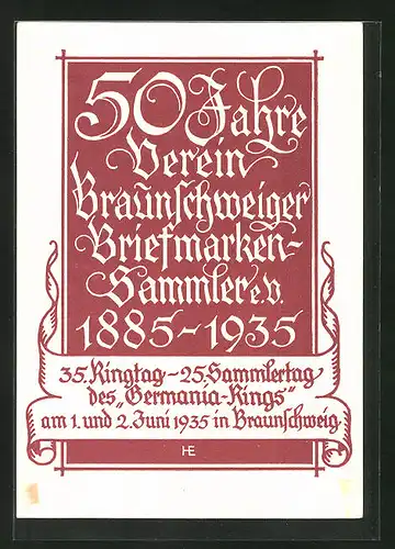 AK Ganzsache PP 122 C 8: Braunschweig, 50 Jahre Verein der Briefmarkensammler 1885-1935