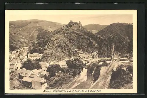 AK Altenahr, Ortsansicht mit 3 Tunnel und Burg Are