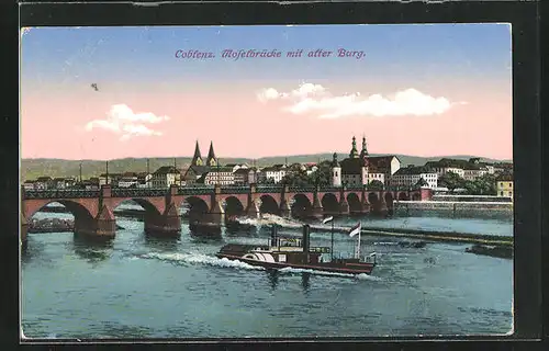 AK Coblenz, Moselbrücke mit alter Burg