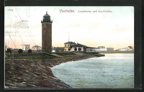 AK Cuxhaven, Uferpartie mit Leuchtturm und dem Seepavillon