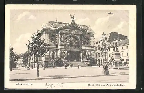 AK Düsseldorf, Kunsthalle und Bismarckdenkmal