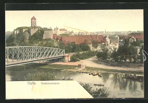 AK Halle, Flusspartie mit Burg Giebichenstein