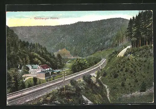AK Gehlberg, Gehlberger Mühle und Eisenbahnstrecke