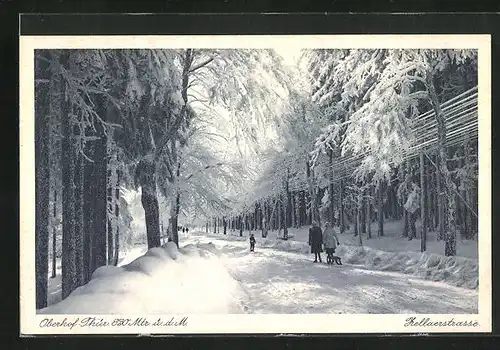 AK Oberhof, Zellaerstrasse im Winter mit Schlittenfahrern