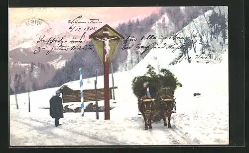 Künstler-AK Photochromie Nr. 4198: Bauer transportiert Grün im Winter