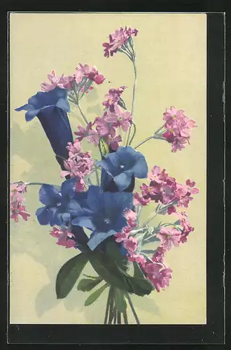Künstler-AK Photochromie Nr. 1373: Blumenstrauss in blau und rosa