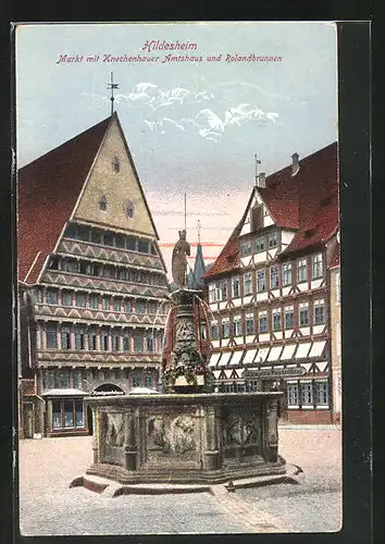 AK Hildesheim, Markt mit Knochenhauer Amtshaus und Rolandbrunnen