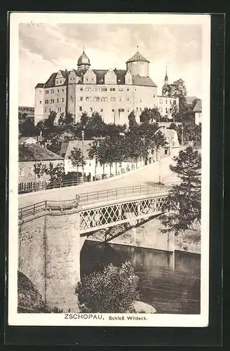 AK Zschopau, Schloss Windeck von der Brücke gesehen