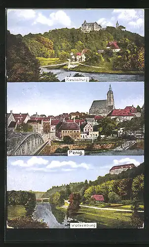 AK Rochsburg, Ortsansicht mit Schloss, Ansichten von Penig und Wolkenburg