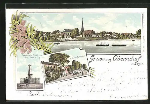 Lithographie Oberndorf a. d. Ostsee, Blick in die Bahnhofstrasse, Kriegerdenkmal von 1870-1871, Ortsansicht mit Dampfer