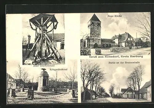 AK Nenndorf / Harburg, Bremer Strasse, Neue Kirche, Alter Glockenstuhl, Kriegerdenkmal