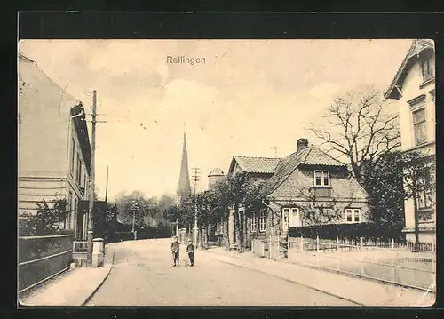 AK Rellingen, Ortspartie mit Blick zur Kirche, Kinder mit Fahrrad