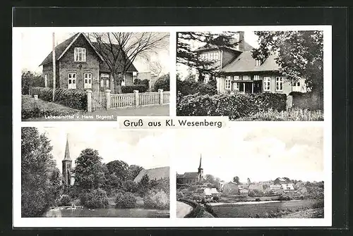 AK Klein Wesenberg, Lebensmittelgeschäft von Hans Begeest, Ortsansicht mit Kirche